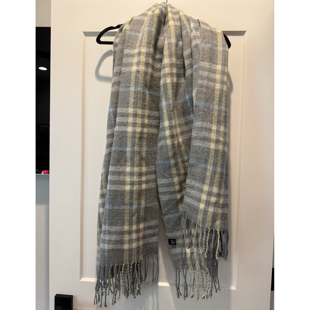 Women's Plaid Knit Acrylic Fringe Rectangle Scarf Gray Cream Light Blue